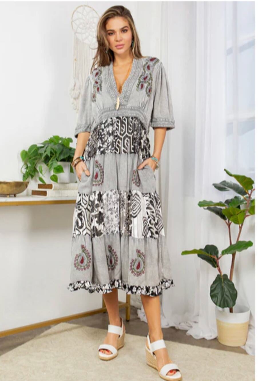 Young Threads Womens S Gray Black Patchwork Embroidered Viscose Boho Maxi Dress